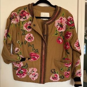 Anthropologie Tan and Pink Floral Bomber Jacket